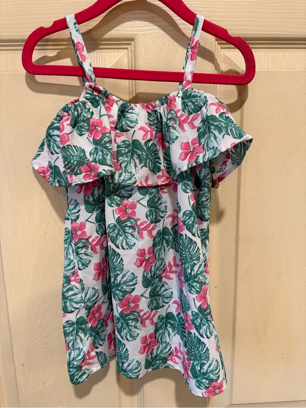 Girls Floral Ruffle Tank Top - White with Pink & Green
